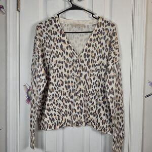 LOFT Petite Leopard Print V-Neck Button Front Cardigan LP Cream Gray Tan